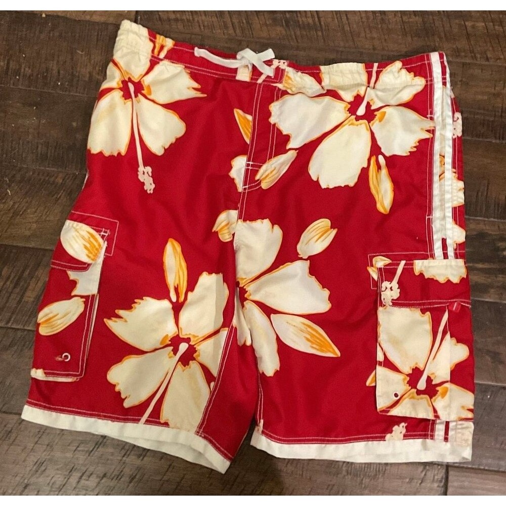 Red Floral Hawaiian Board Shorts with Cargo Pockets - Men's Swim Trunks 3xl